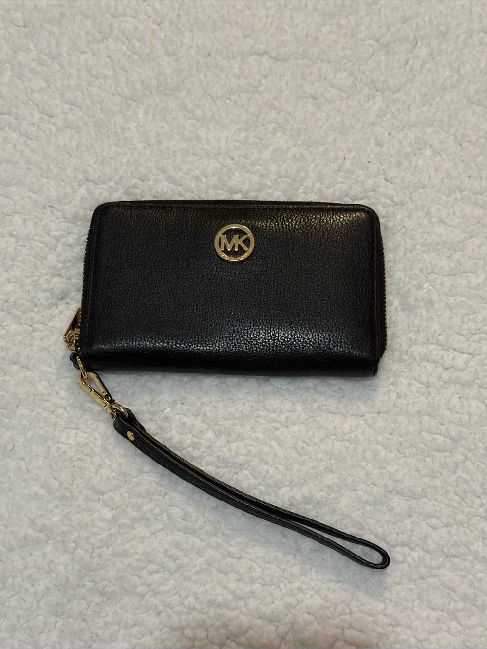 Michael Kors Black Leather Zip Wristlet with Gold MK Emblem